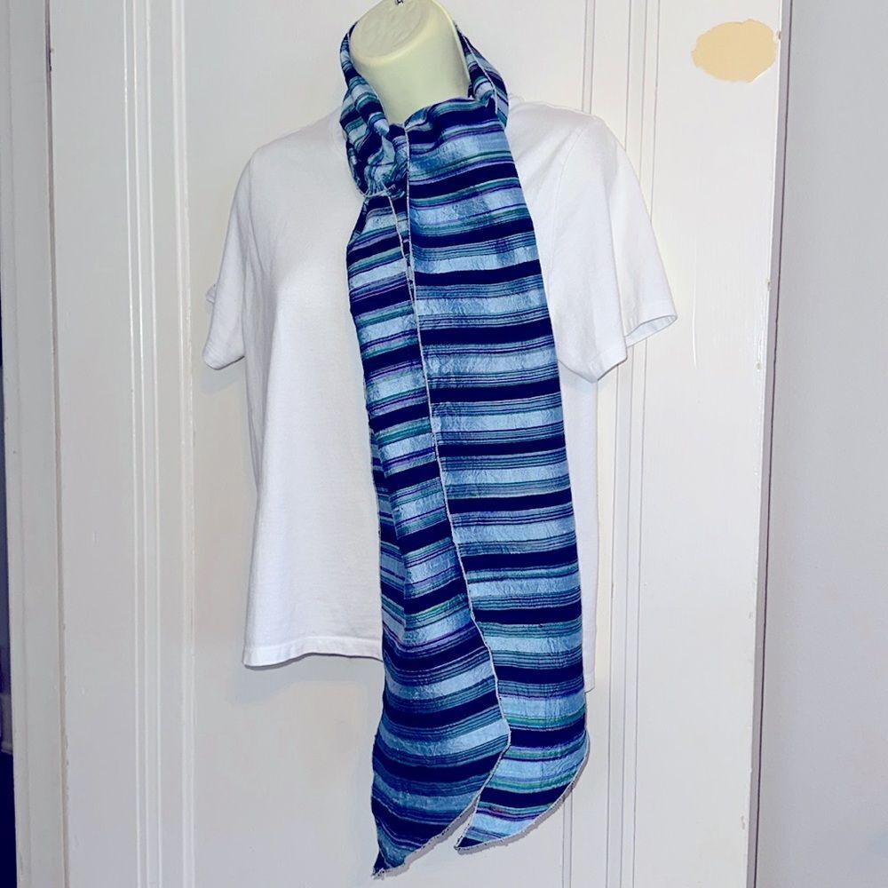 Striped light blue, purple, green, red & navy blue striped shantung silk scarf